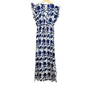 NEW Raga Chaina Maxi Dress Blue White Abstract Print Ruffle V-Neck XS New